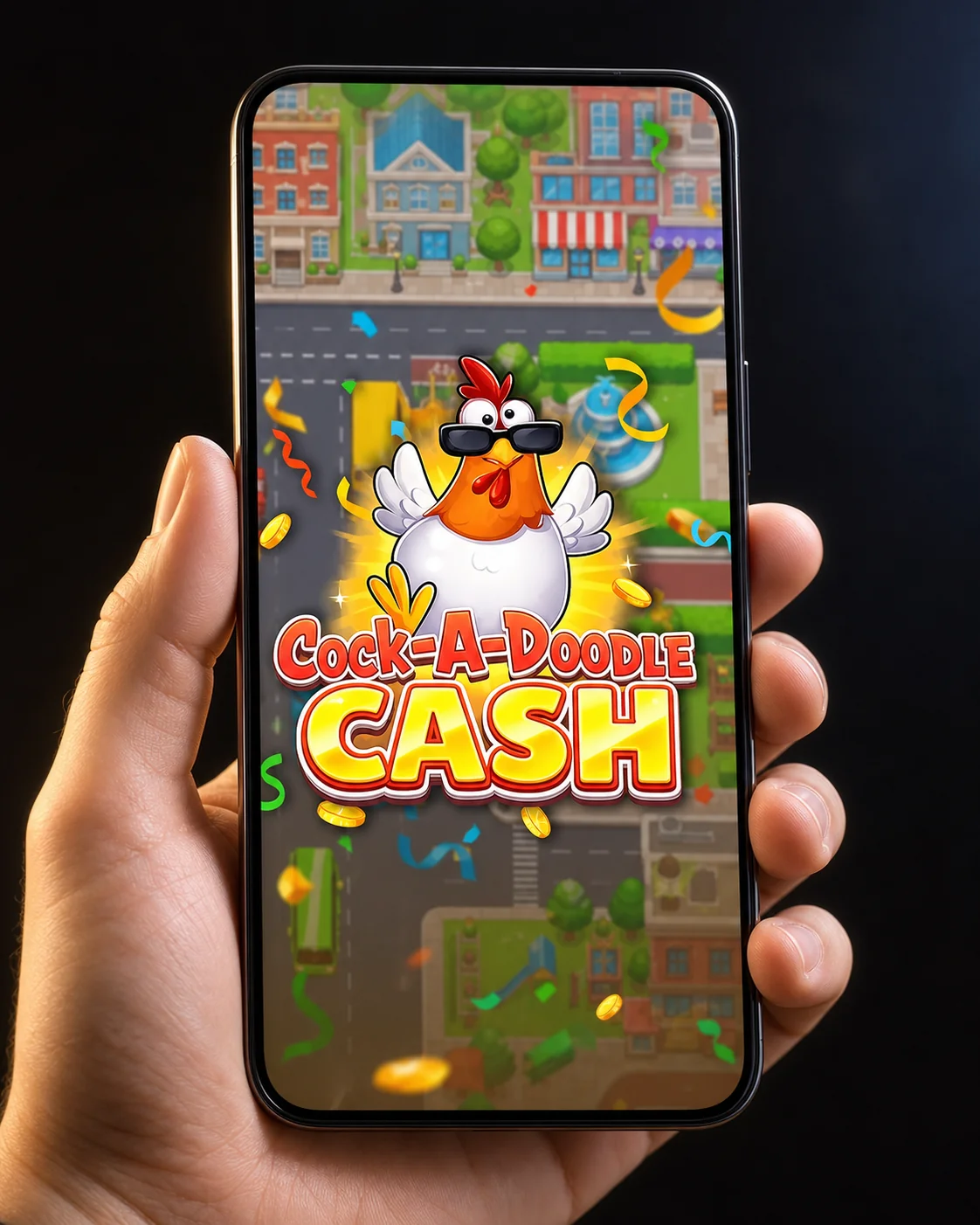 Grid of casino app icons and mobile lobby screens offering Cockadoodle Cash